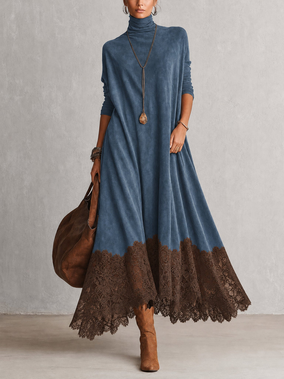 Renata | Vestido largo de efecto ante con bajo de encaje