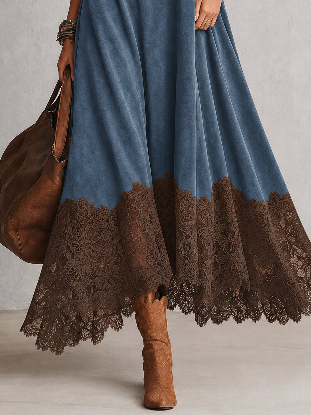 Renata | Vestido largo de efecto ante con bajo de encaje