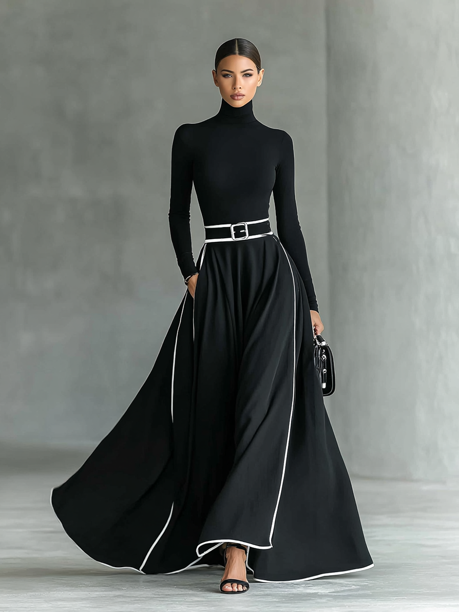 Renata – Vestido Maxi Negro con Costuras Blancas, Cuello Alto, Manga Larga y Cintura Ceñida