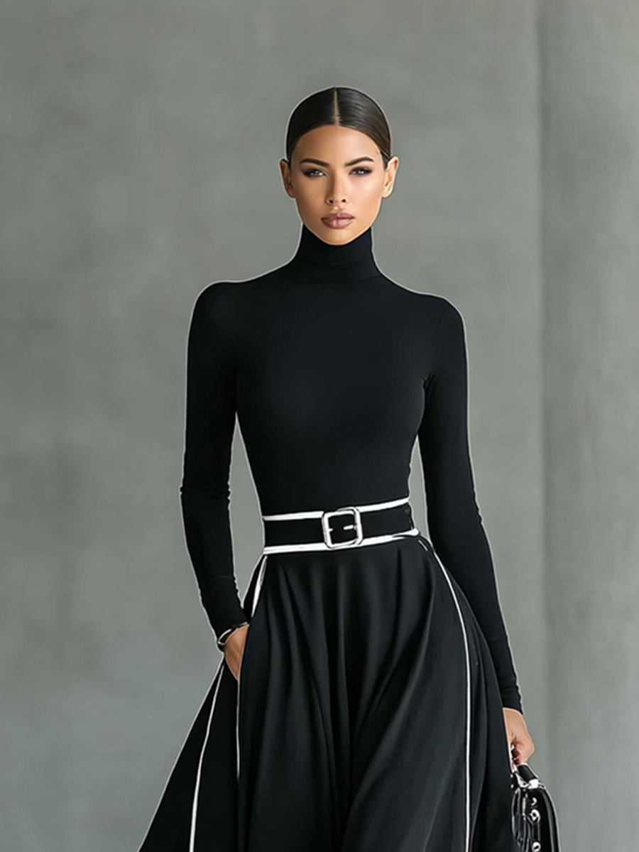 Renata – Vestido Maxi Negro con Costuras Blancas, Cuello Alto, Manga Larga y Cintura Ceñida