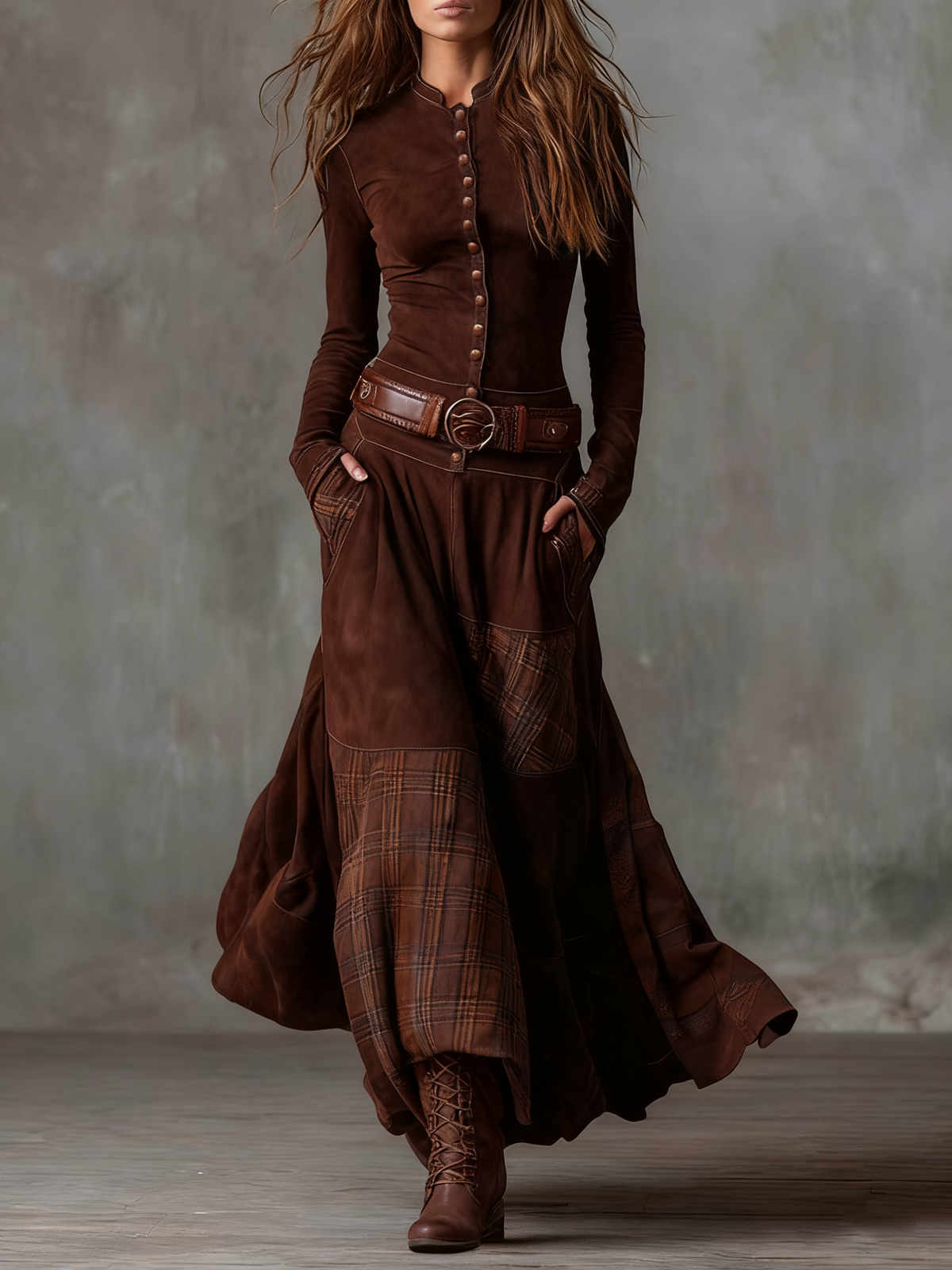 Citlali – Vestido Maxi de Gamuza con Cinturón