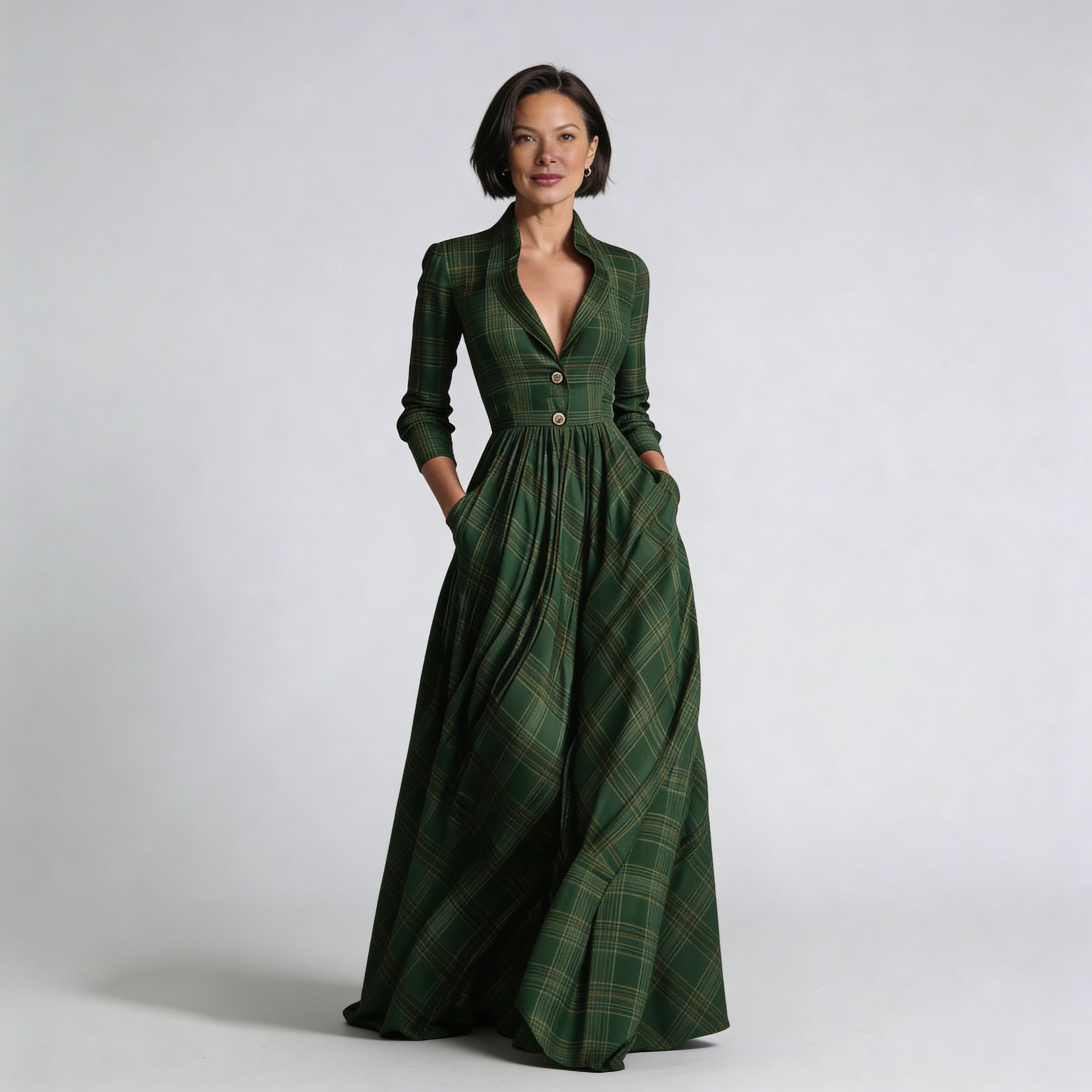 Eva | Vestido maxi de cuadros con escote en V