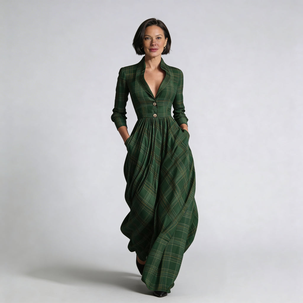 Eva | Vestido maxi de cuadros con escote en V
