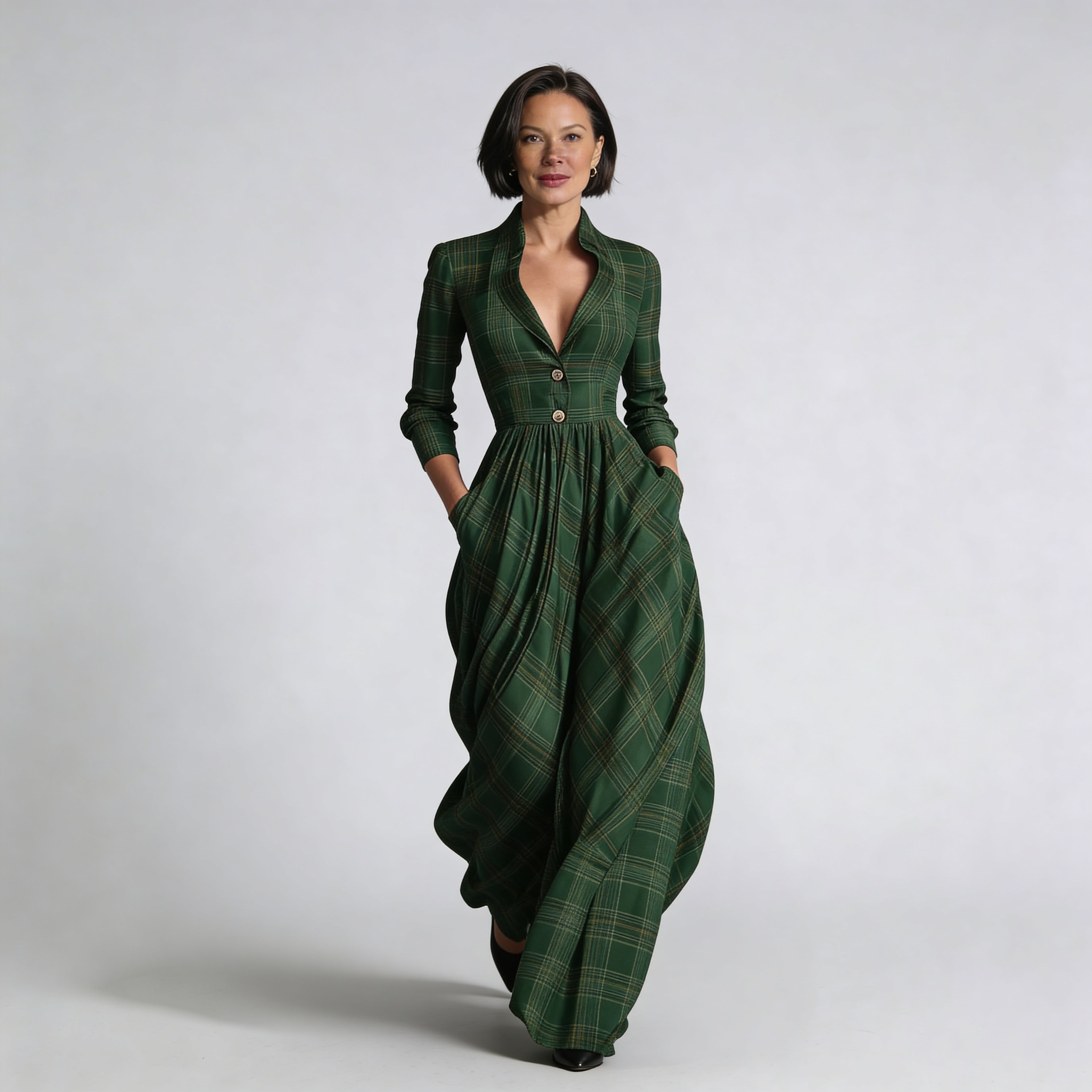 Eva | Vestido maxi de cuadros con escote en V